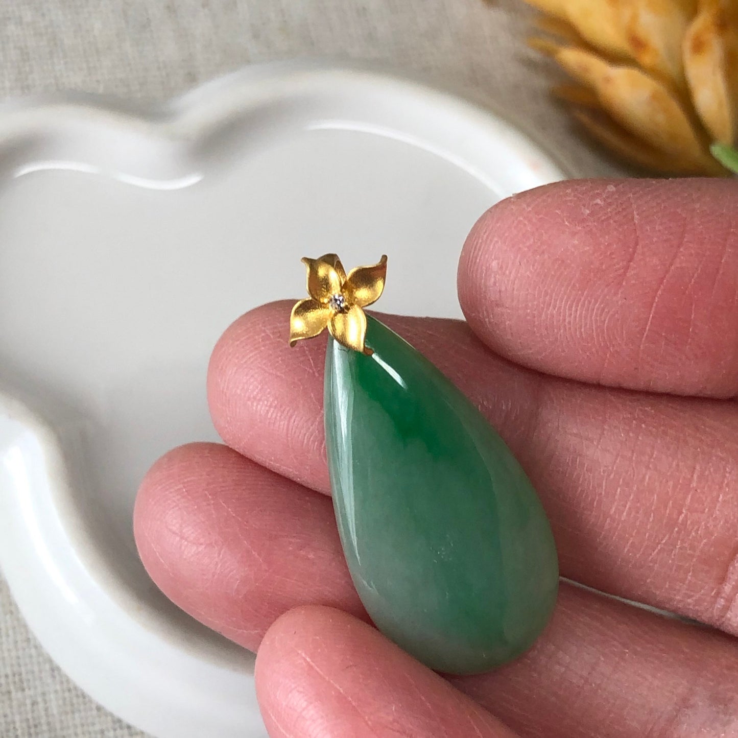 18K yellow gold bail 32mm Green Jadeite Jade Waterdrop Pendant