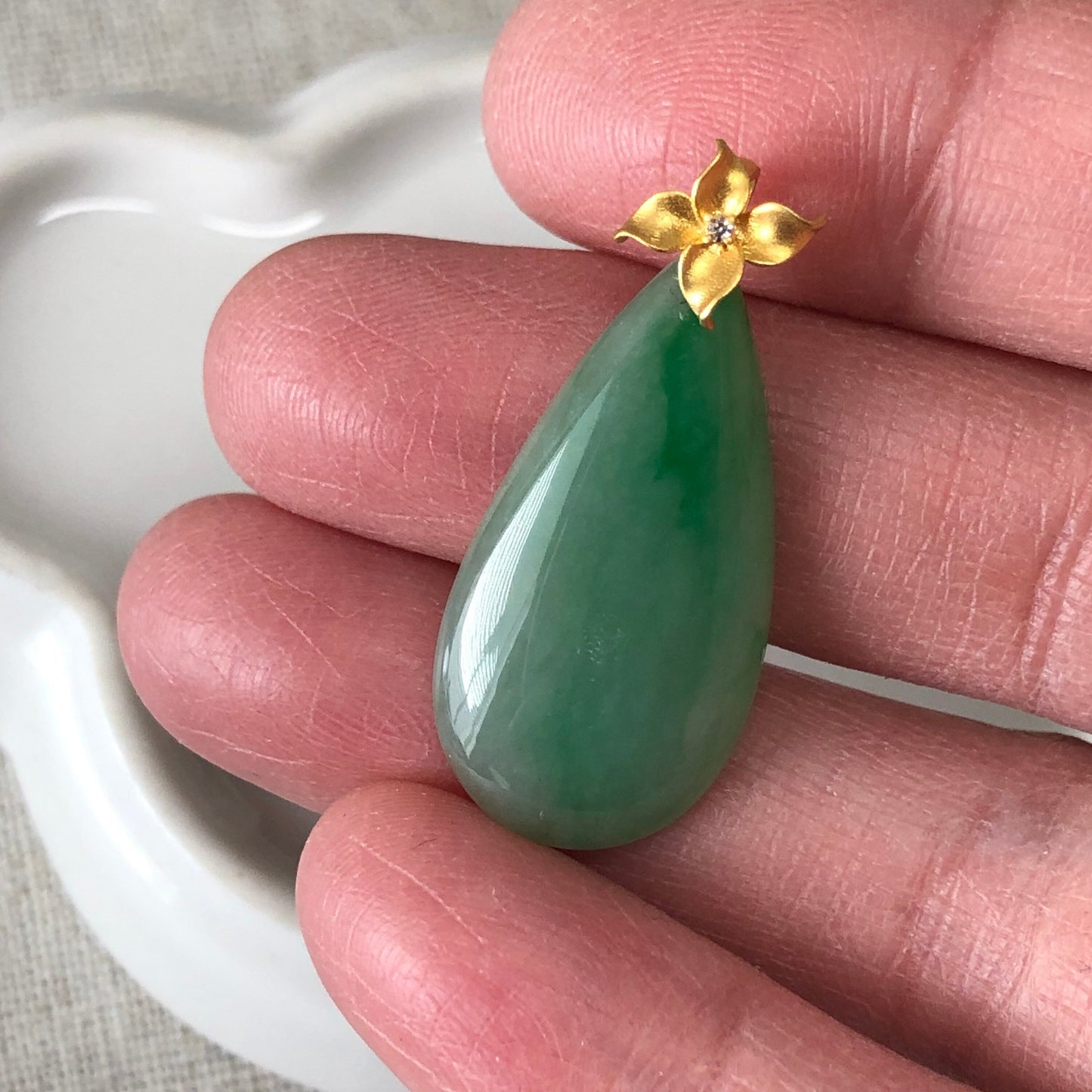 18K yellow gold bail 32mm Green Jadeite Jade Waterdrop Pendant