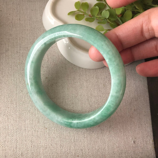 56.4mm Earthy Green White D-Shaped Jadeite Jade Bangle Translucent