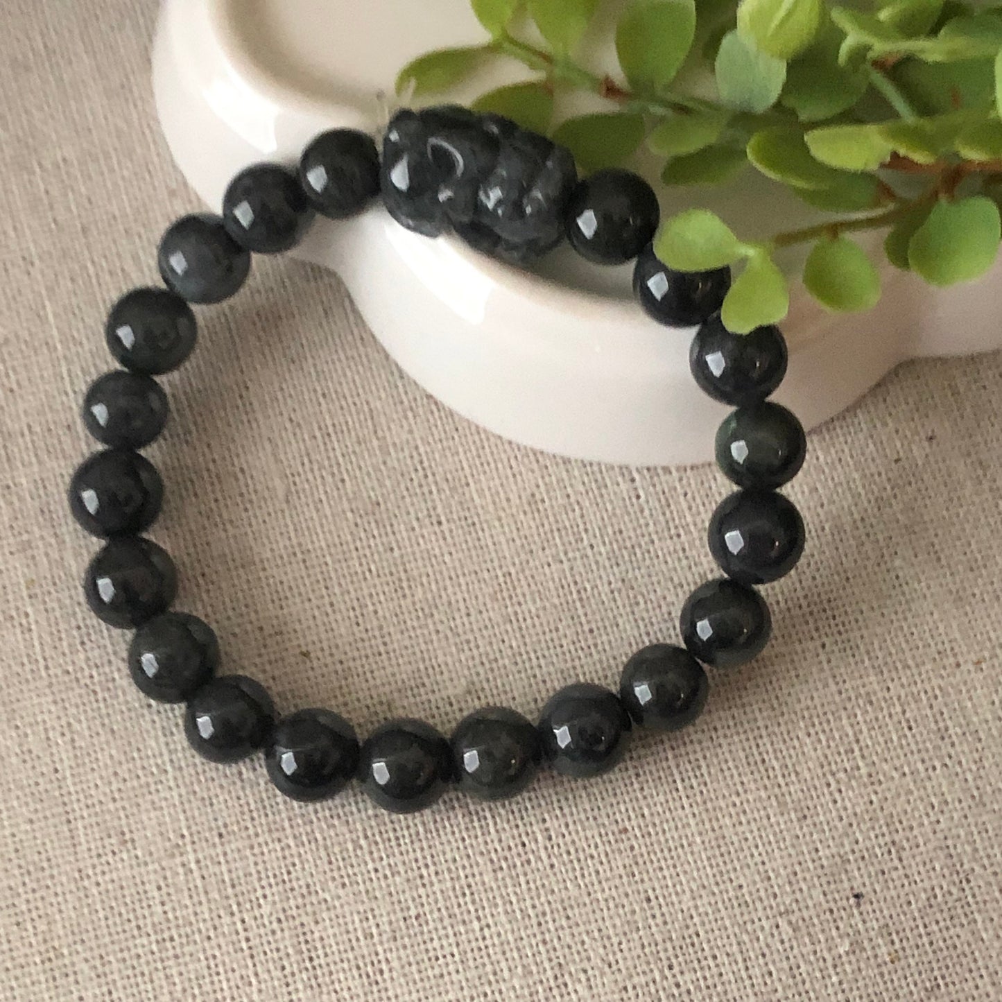 8mm Wuji Black Pixiu Jadeite Jade Bead Bracelet