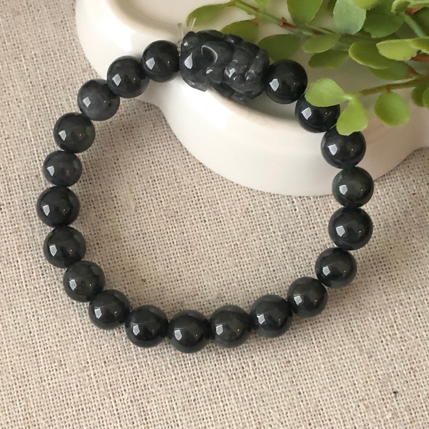 8mm Wuji Black Pixiu Jadeite Jade Bead Bracelet