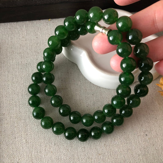 9.5mm Icy Imperial Green Hetian Nephrite Jade Bead Necklace Bracelet 50 PCs.