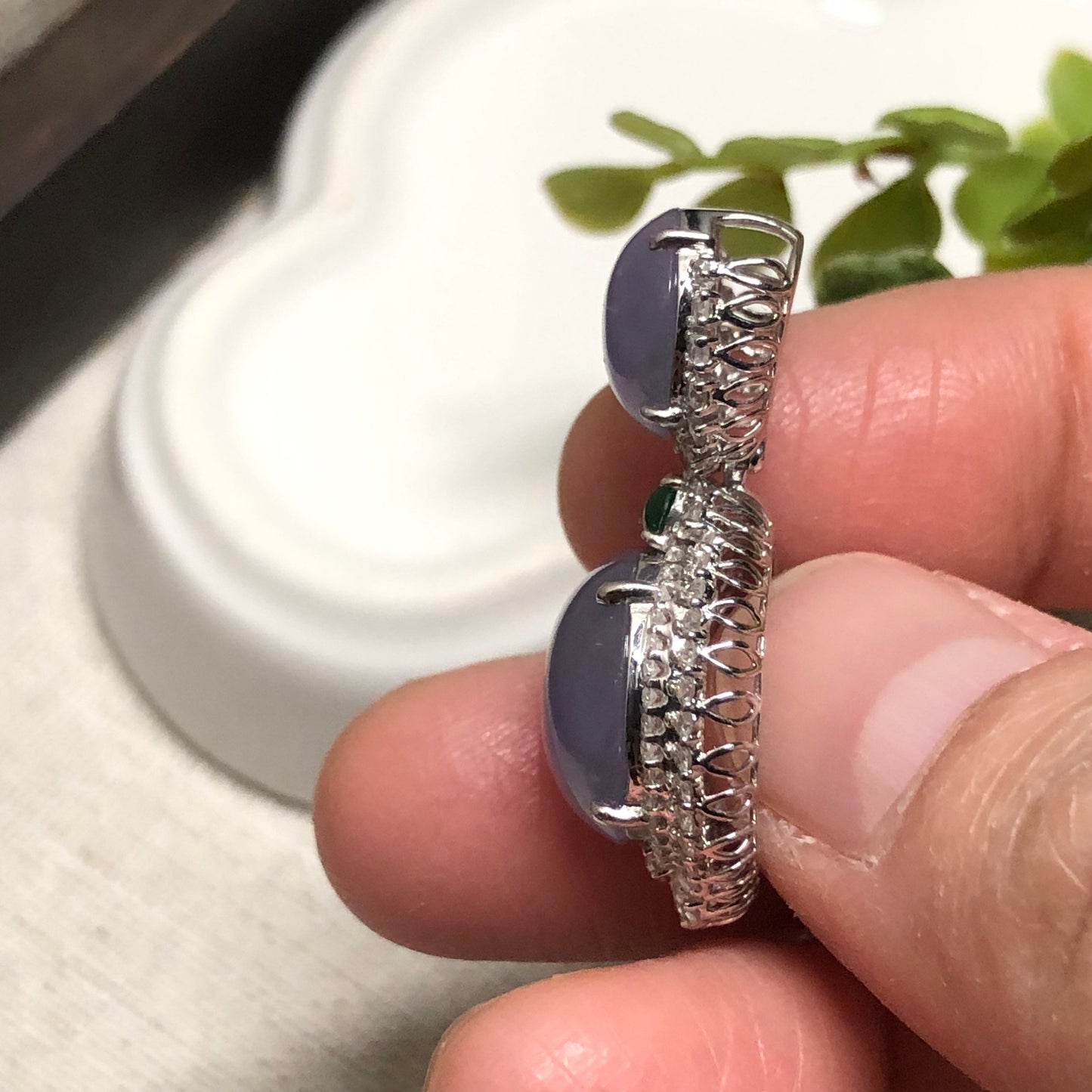 18K White Gold Lavender Fuscia Jadeite Jade Double Cabochon Pendant