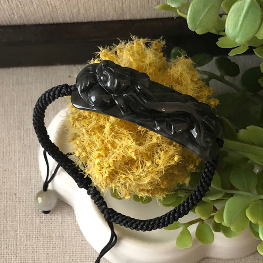 45.9mm Black Wuji Carved Pixiu Jadeite Jade Rope Bracelet