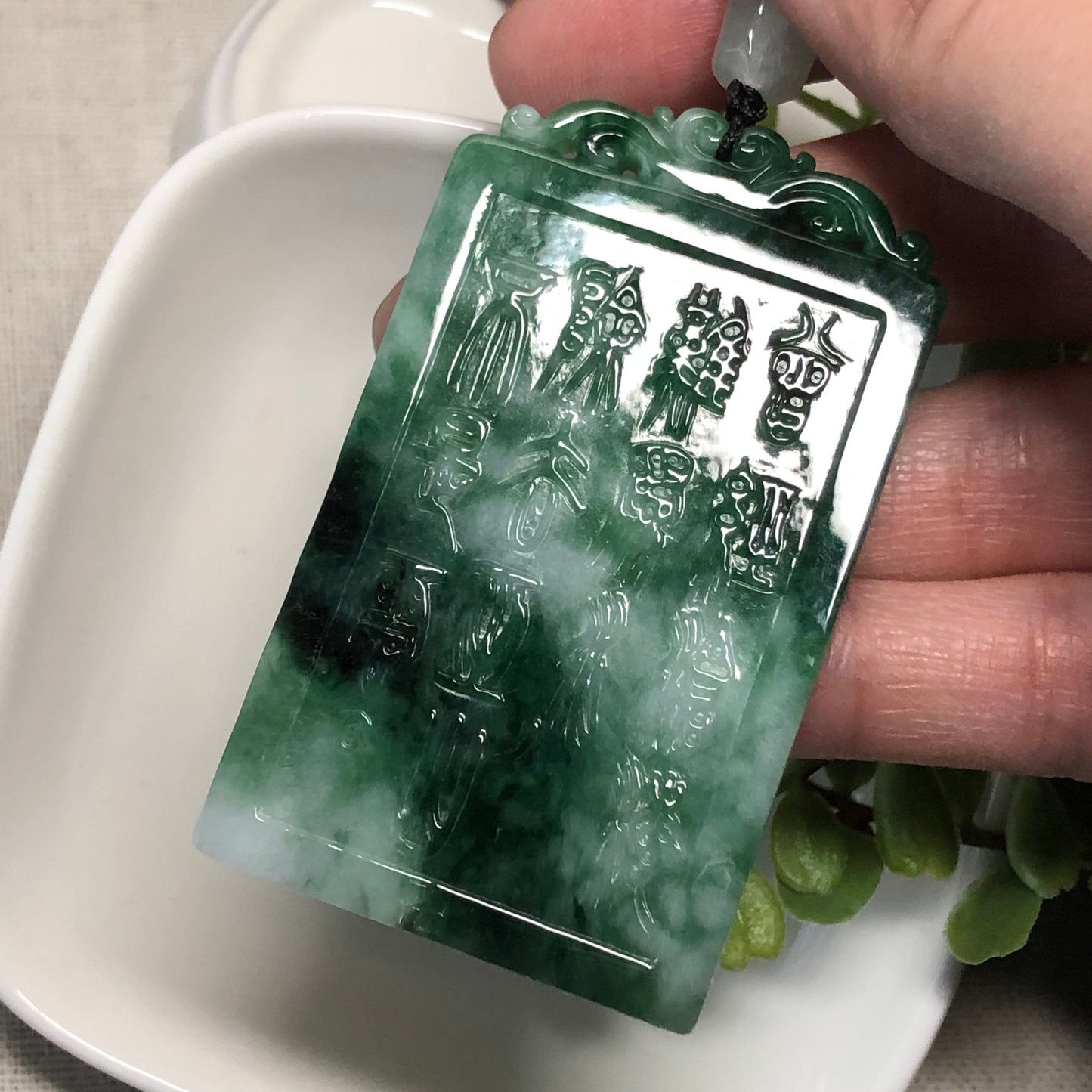 61.3mm Green Jade Jadeite Carved Asian Words Plaque Love Poem Pendant