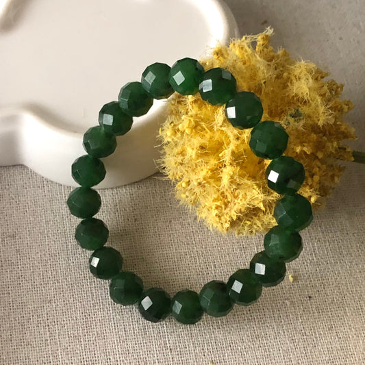 9mm Icy Nephrite Hetian Diamond Cut Jade Bead Bracelet