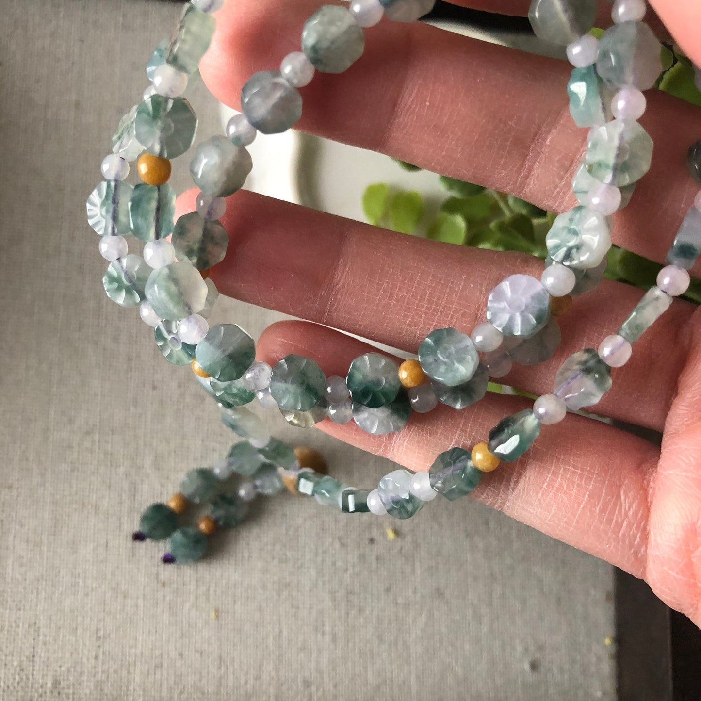 6.8 mm Icy Green Float Flowers Jadeite Jade Flat Bead Fortune Coin Necklace