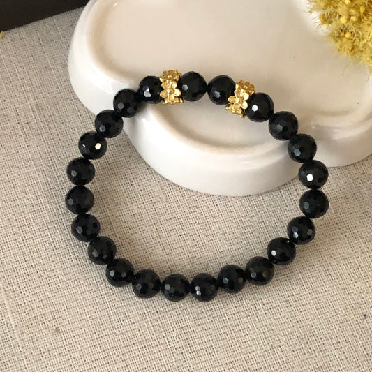 7.4 mm Grade A Carved Diamond Cut Black Omphacite Jadeite Jade Bead Bracelet 23 PCs.