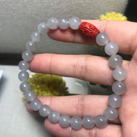 Reserved: 8 mm Icy Smoky Lavender Hetian Jade Bead Bracelet Red Carved Blessing Bead