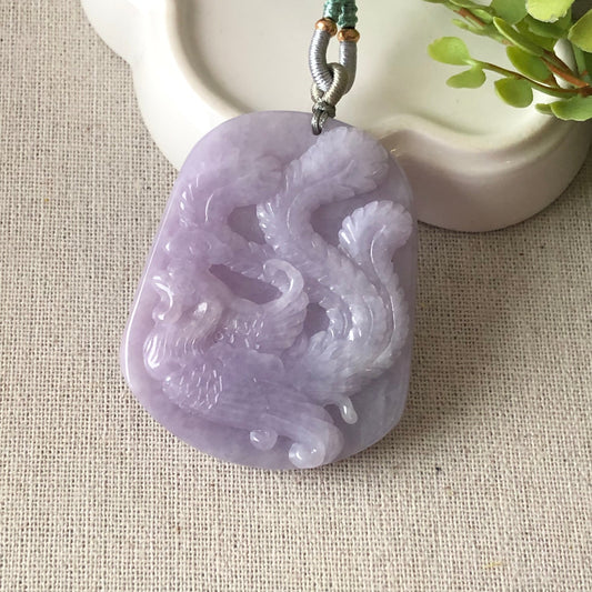 52.3mm Jadeite Jade Lavender Earthy Carved Phoenix Pendant