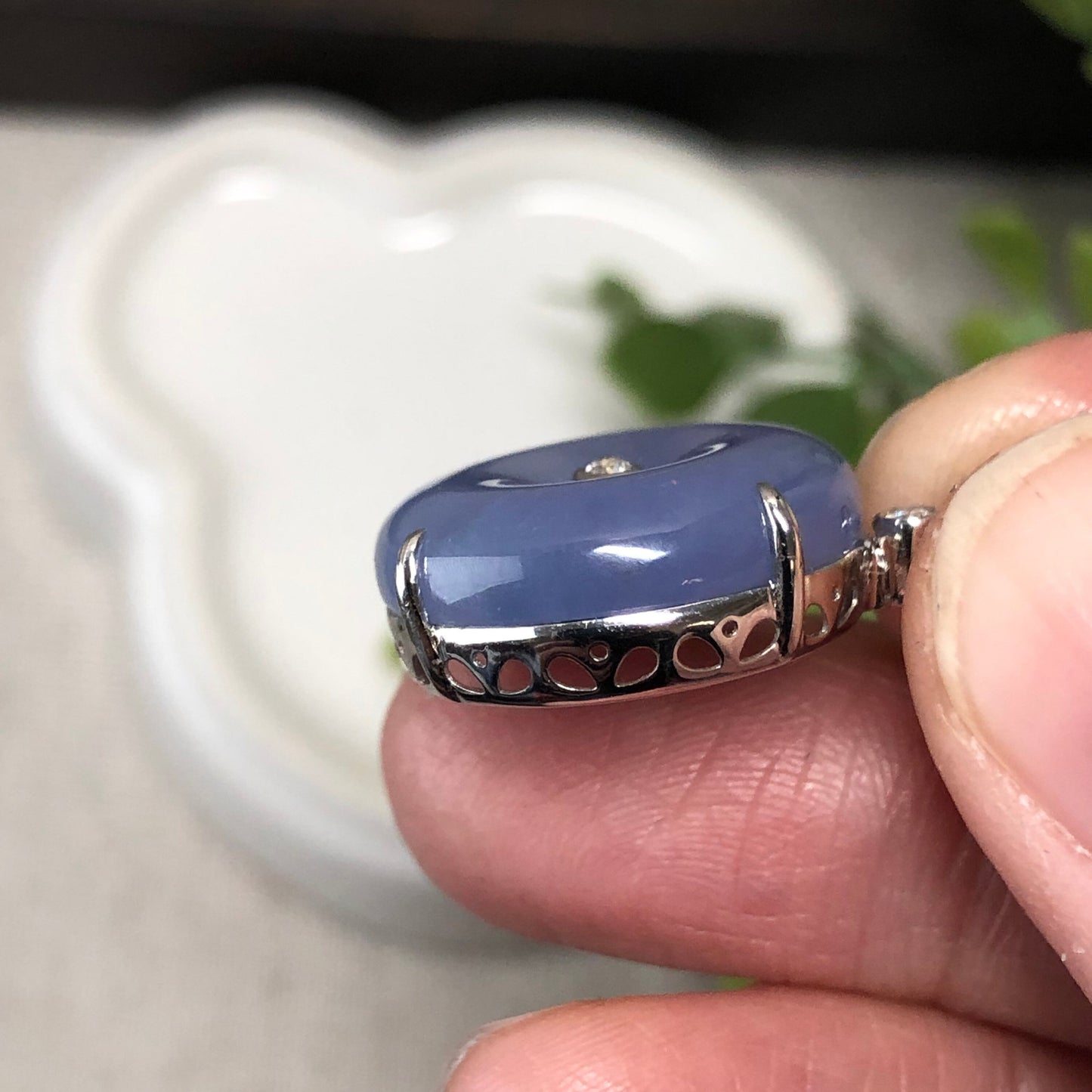 18K Jadeite Jade Dainty Rich Lavender Donut Pendant Diamonds