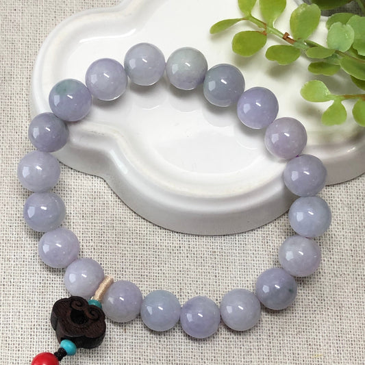 9.6mm Earthy Blue Lavender Green Float Flowers Jadeite Jade Bead Bracelet