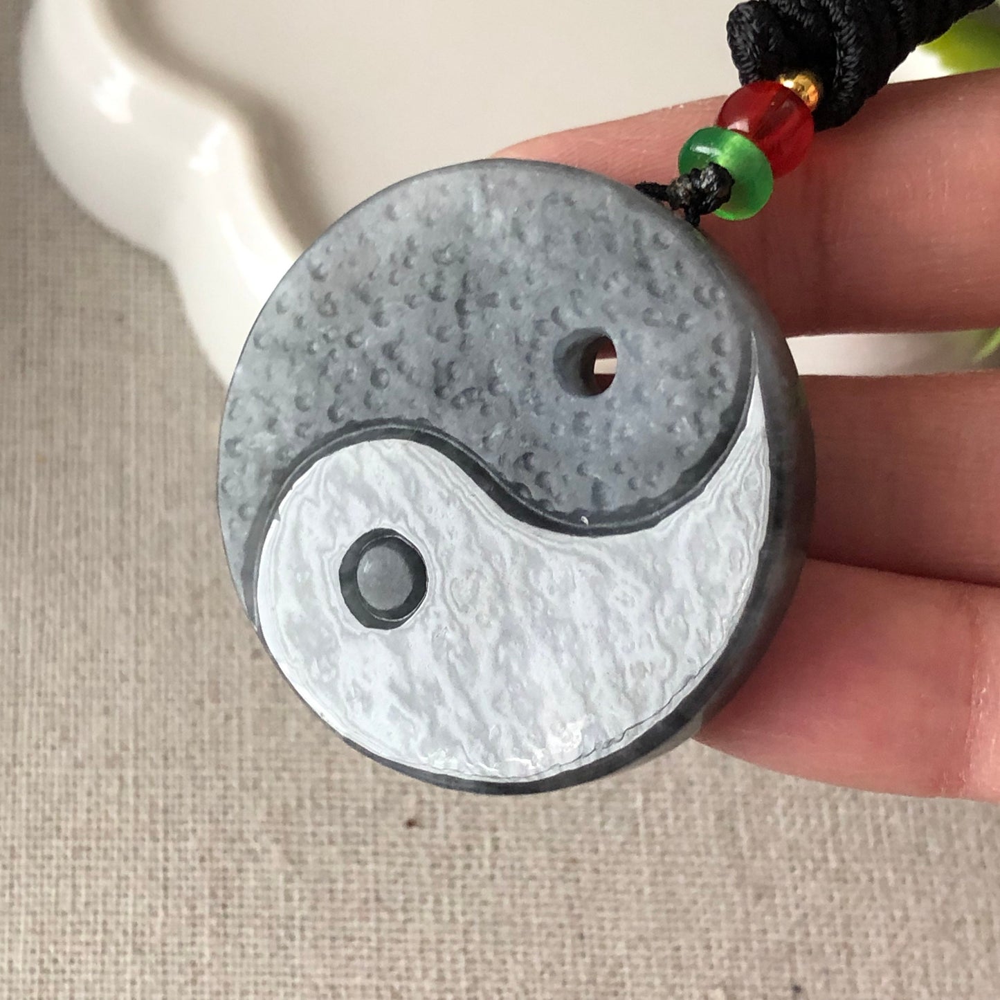 37.9mm Jadeite Jade Wuji Black Carved Yin Yang Pendant