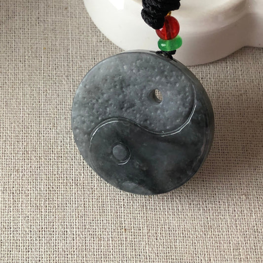 37.9mm Jadeite Jade Wuji Black Carved Yin Yang Pendant