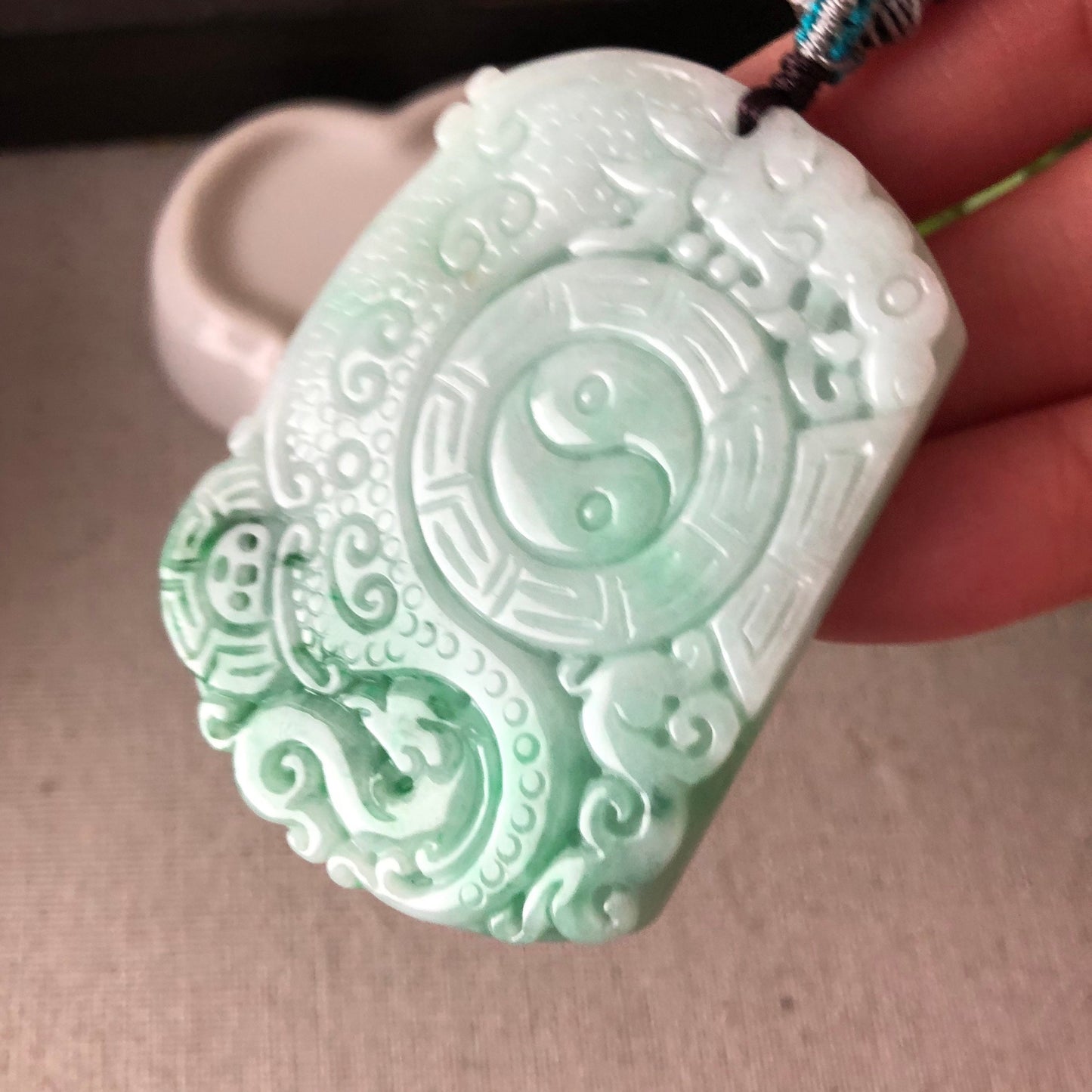 55.8mm Jadeite Jade Green Float Flowers Carved Yin Yang Asian Characters Pendant