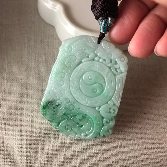 55.8mm Jadeite Jade Green Float Flowers Carved Yin Yang Asian Characters Pendant