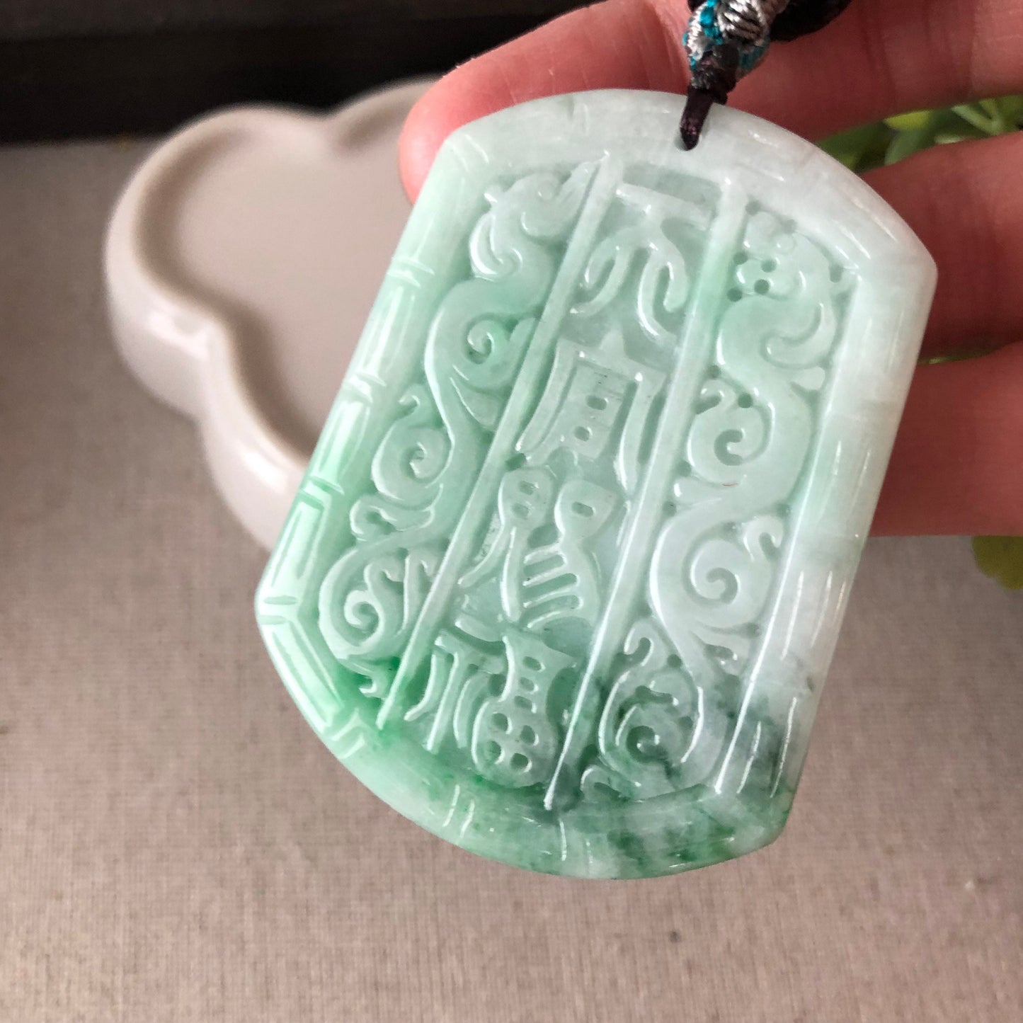 55.8mm Jadeite Jade Green Float Flowers Carved Yin Yang Asian Characters Pendant