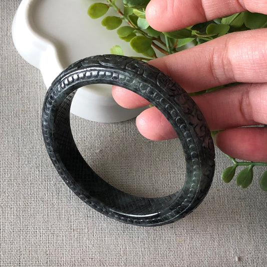55mm Jadeite Jade Wuji Carved Black Bangle