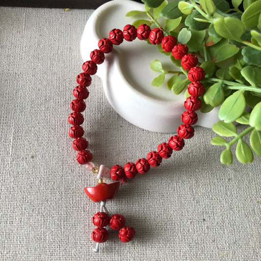 7 mm Red Carved Lotus Flower Cinnabar Bead Bracelet with Charm