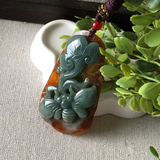 64.9mm Blue Green Jadeite Jade Carved Bee and Ruyi Flower Pendant Neck Rope Tie