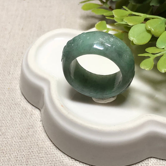 US Sz 10-10.25 Jade Jadeite Carved Pixiu Head Ring Band Pendant