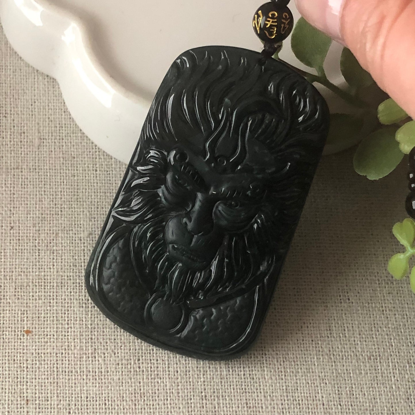 63.1 mm Green Black Jadeite Jade Carved Monkey King Pendant