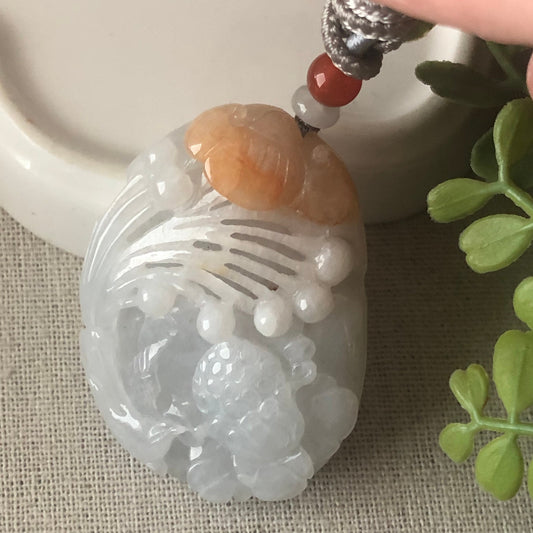 52.9 mm Icy Jadeite Jade Carved Scenery  Flower Pendant