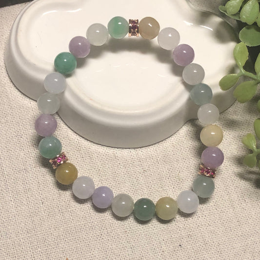 7.4 mm Icy Light Pink Green Lavender Yellow Jade Jadeite Bead Bracelet