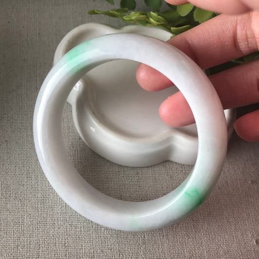 57mm Green White D-Shaped Jadeite Jade Bangle Translucent #2