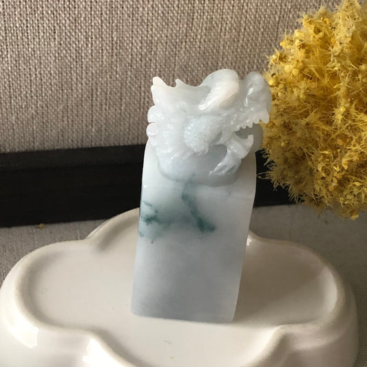 64.7mm Jadeite Jade Green Float Flowers Carved Dragon Statue Display Stamp