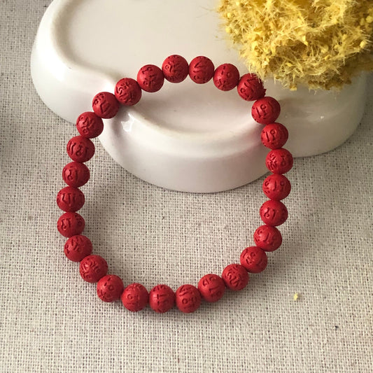7 mm Red Carved Six Words Blessing Cinnabar Bead Bracelet