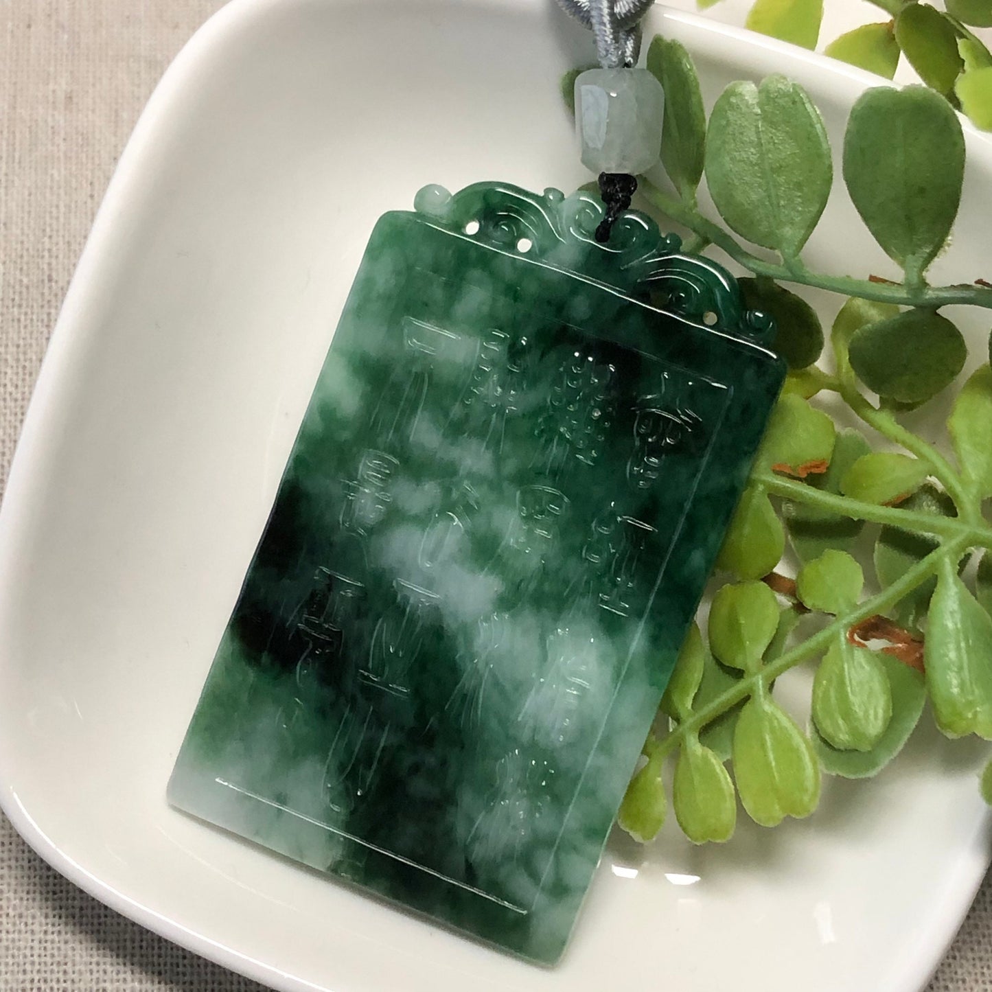 61.3mm Green Jade Jadeite Carved Asian Words Plaque Love Poem Pendant