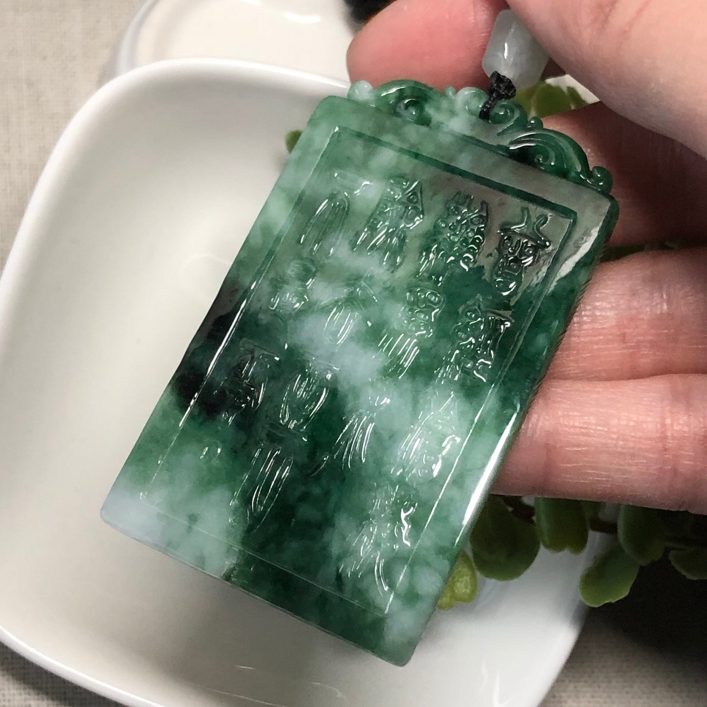61.3mm Green Jade Jadeite Carved Asian Words Plaque Love Poem Pendant