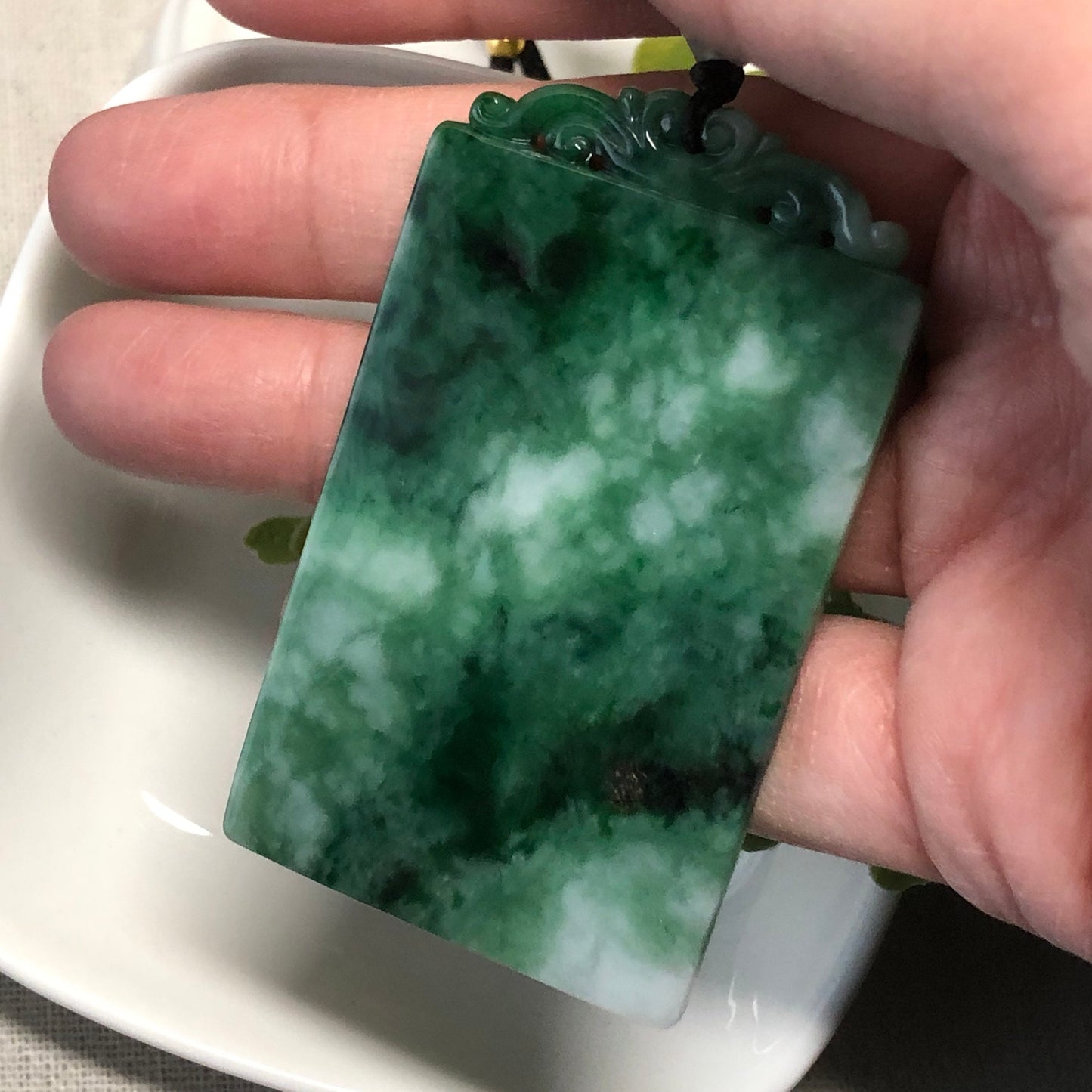 61.3mm Green Jade Jadeite Carved Asian Words Plaque Love Poem Pendant