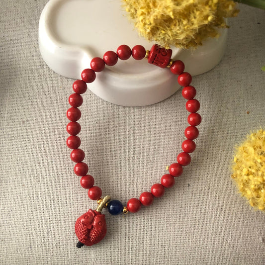 6 mm Red six word blessing Cinnabar Bead Bracelet with fish Charm