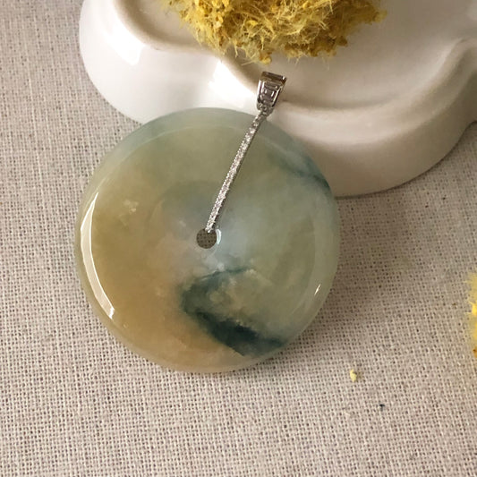 45.1mm Jadeite Jade Yellow Green Float Flowers Peace Donut Pendant 18K white gold bail