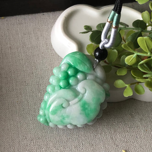 52.4mm Jadeite Jade Green White Lavender Carved Ruyi Grape Pendant