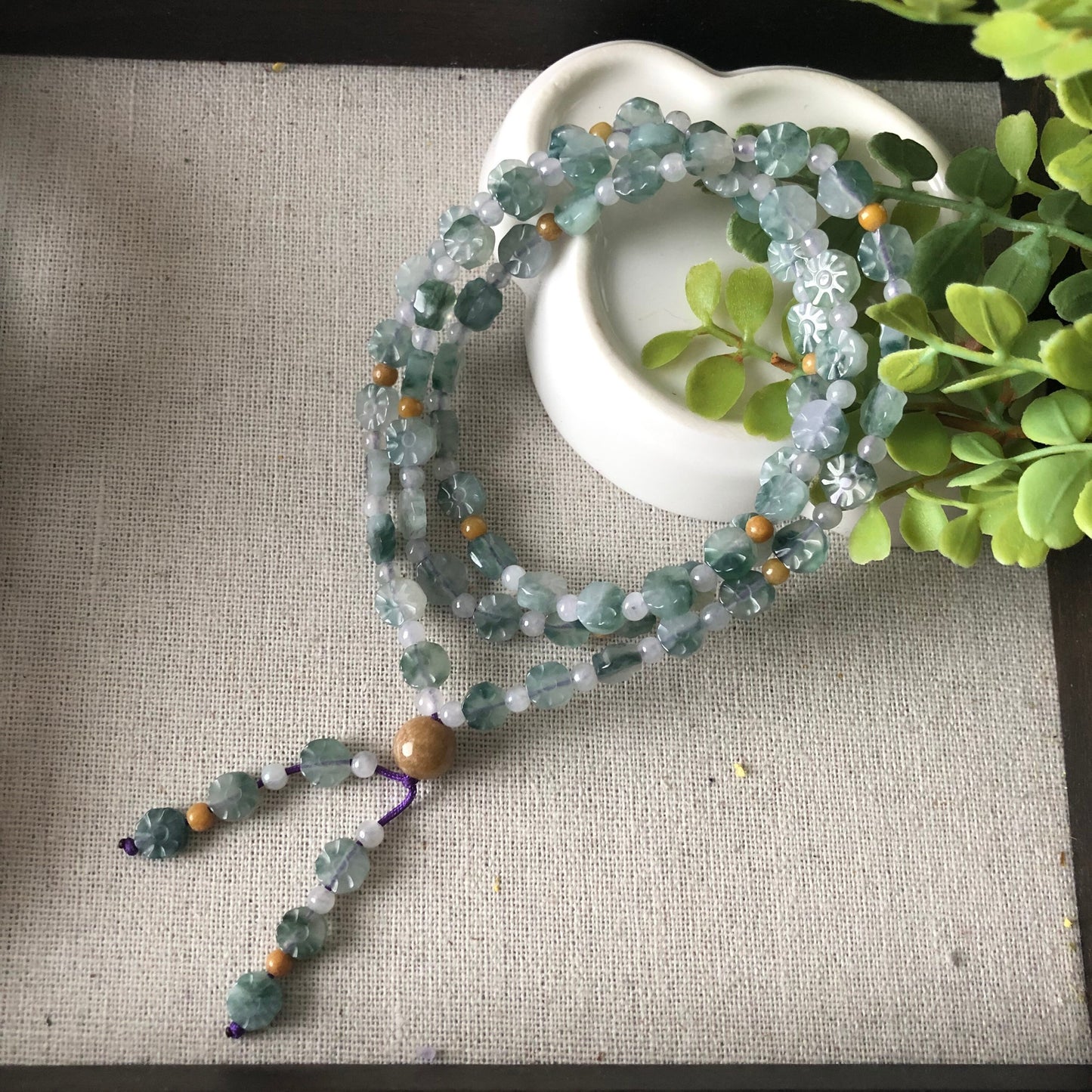 6.8 mm Icy Green Float Flowers Jadeite Jade Flat Bead Fortune Coin Necklace