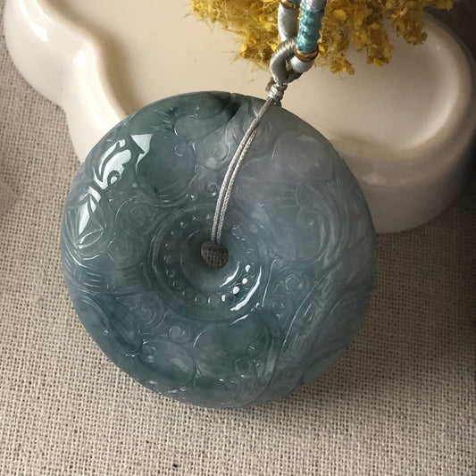 50 mm Icy Jadeite Jade Blue Green Carved Peace Donut Pendant