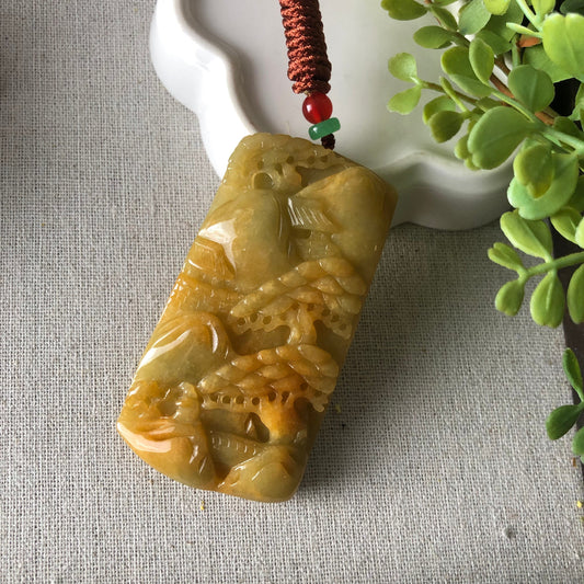 69.3mm Jadeite Jade Yellow Brown Carved Landscape Scenery Pendant