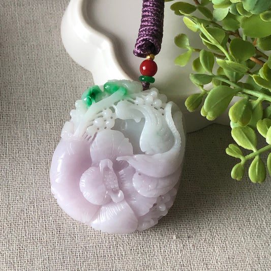 53mm Jadeite Jade Green Lavender 3D Carved Landscape Scenery Pendant