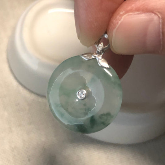 20.7mm Grade A Green Moss Lotus Flower peace donut Jadeite Jade Pendant 18K white gold