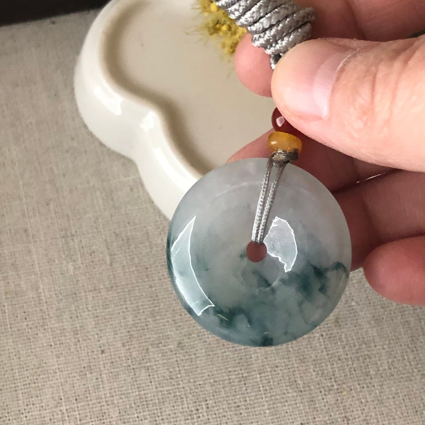 30mm Blue Green Float Flowers Jadeite Jade Peace Donut Pendant