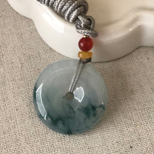 30mm Blue Green Float Flowers Jadeite Jade Peace Donut Pendant
