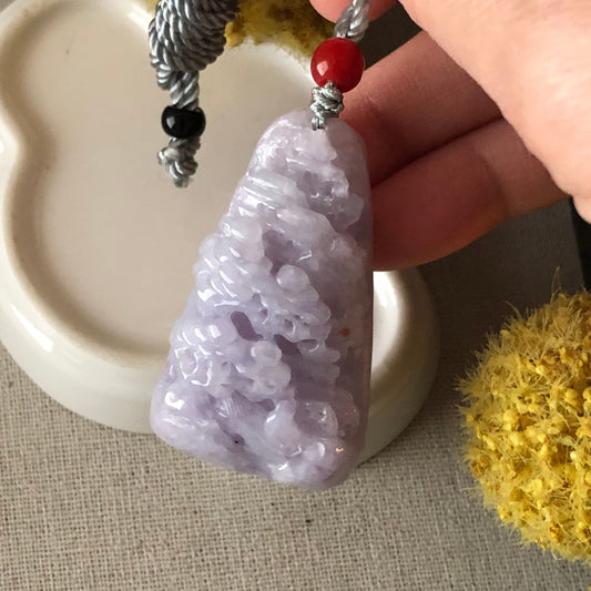 47mm Jadeite Jade Lavender Carved Landscape Scenery Pendant