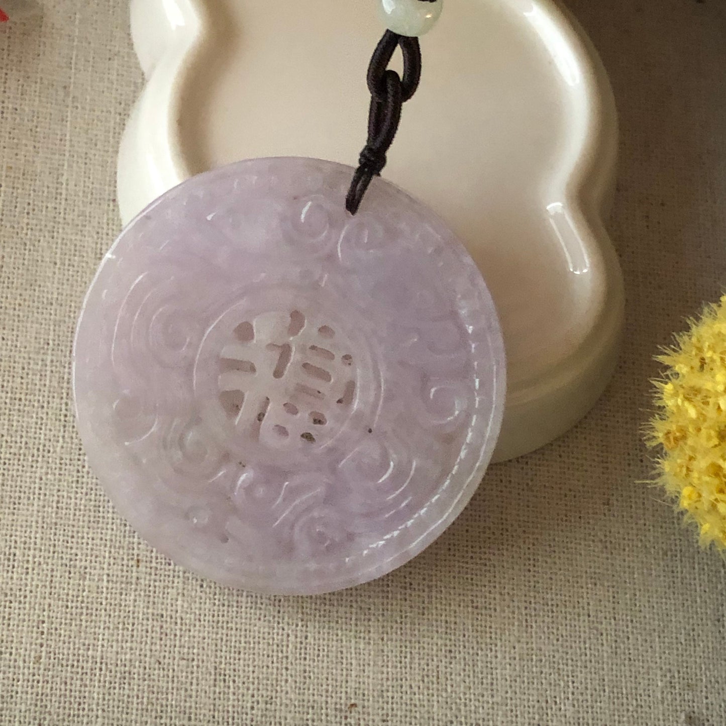 54.5mm Jadeite Jade Lavender Carved Asian Lucky Character Pendant Charm