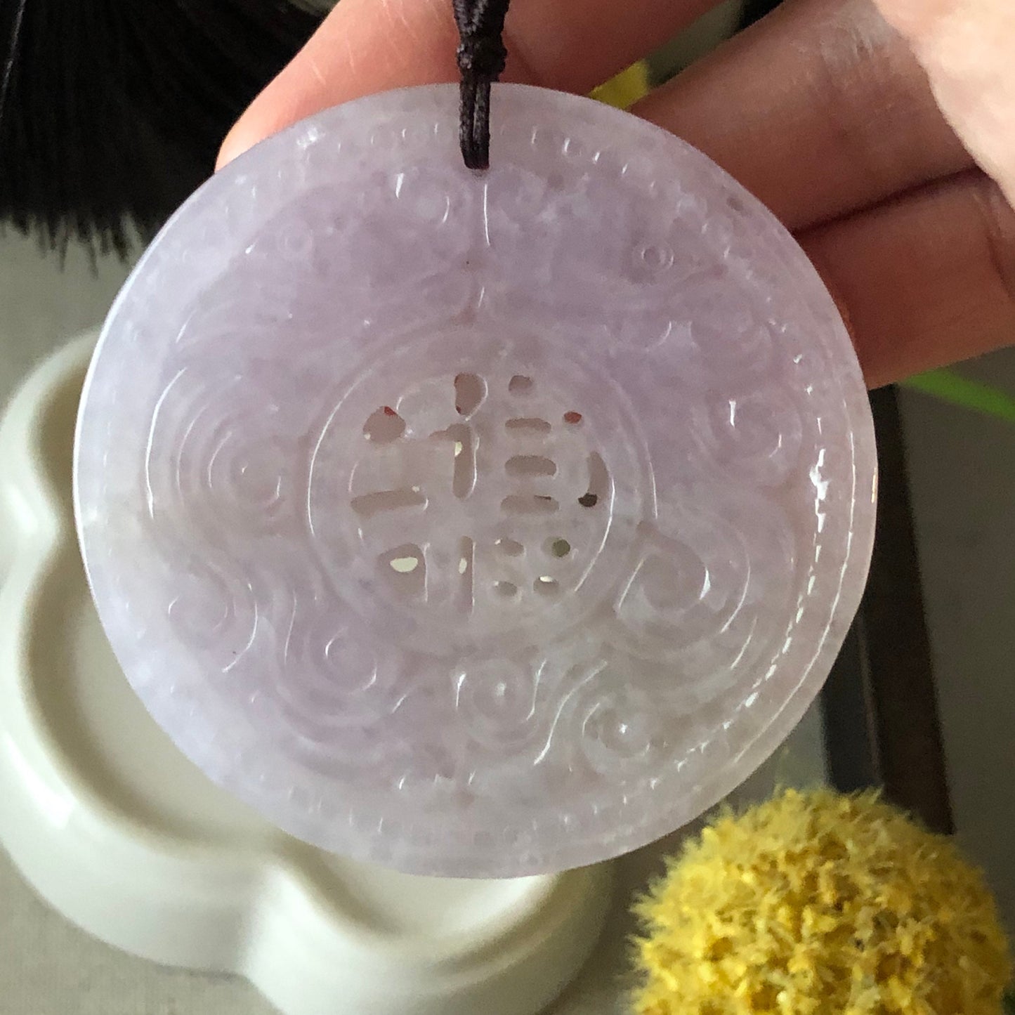 54.5mm Jadeite Jade Lavender Carved Asian Lucky Character Pendant Charm