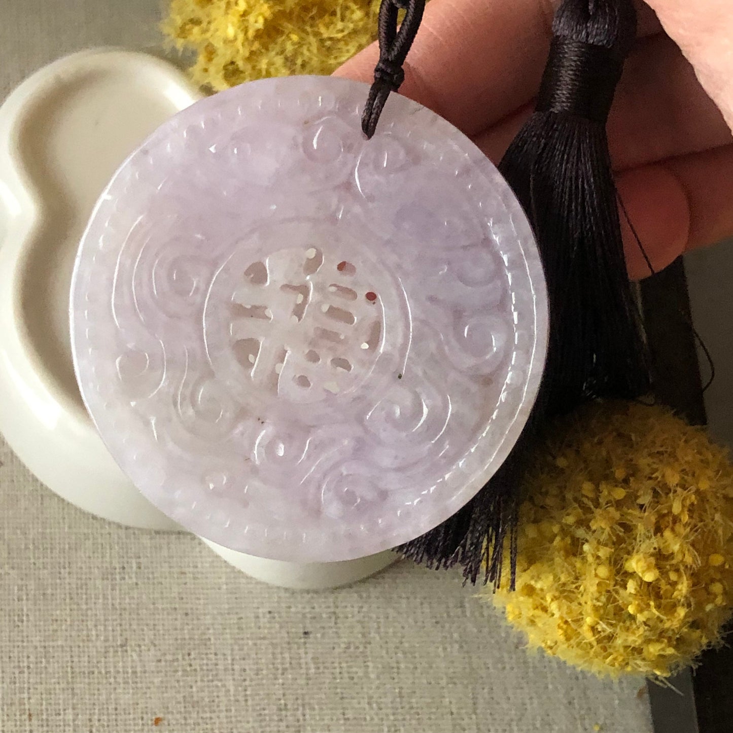 54.5mm Jadeite Jade Lavender Carved Asian Lucky Character Pendant Charm