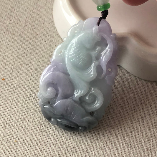 52.3mm Trio Jadeite Jade Carved Lavender Green Wuji Fish Lotus Flower Pendant