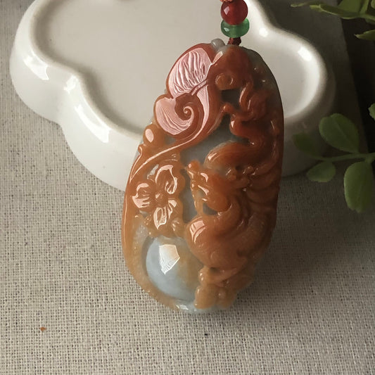 65.8 mm Jadeite Jade Red Brown Carved Ruyi Phoenix Dragon Pendant